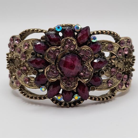 Purple Pink Rhinestone Hinged Bracelet, Victorian Style, 6 1/2 Inches - Picture 8 of 14